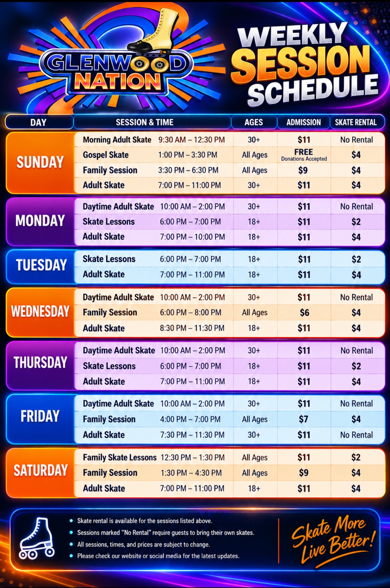 Glenwood Nation Weekly Session Schedule